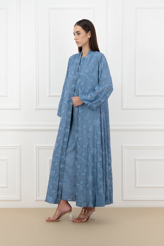Embroidered Jacquard Chiffon Abaya Set with Belted Dress