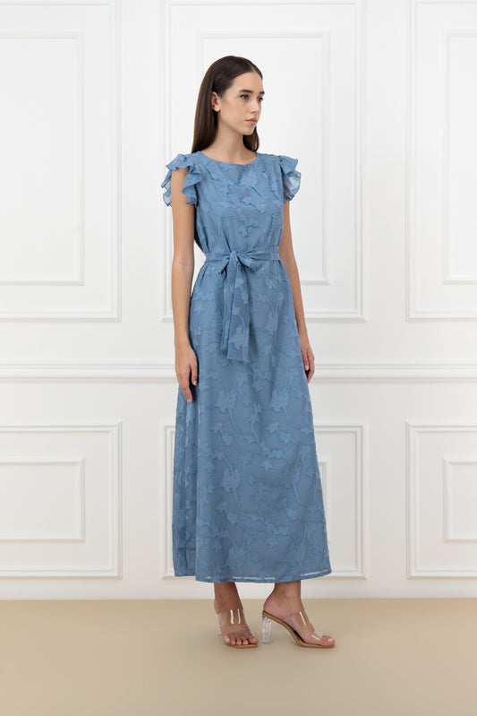 Embroidered Jacquard Chiffon Belted Dress