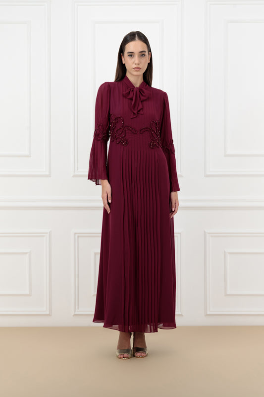 Embossed Rope Collared Abaya Set with Bow Detail & Pleated Dress
