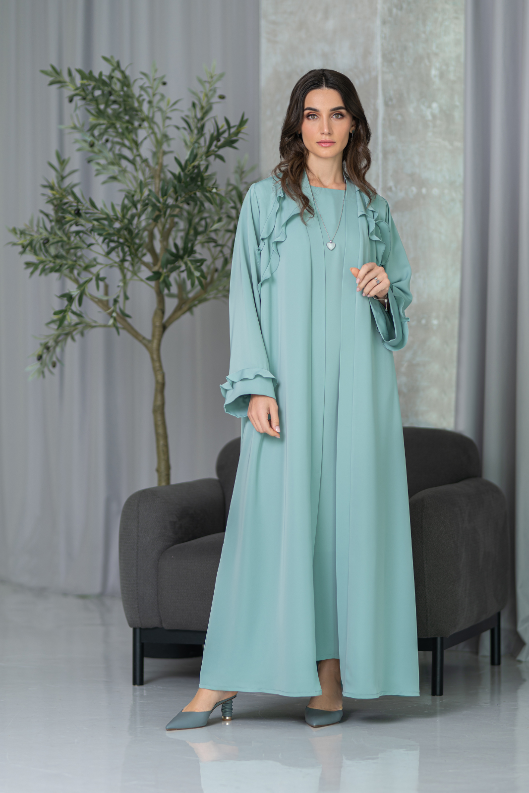 Bodice ruffled abaya with back box pleat