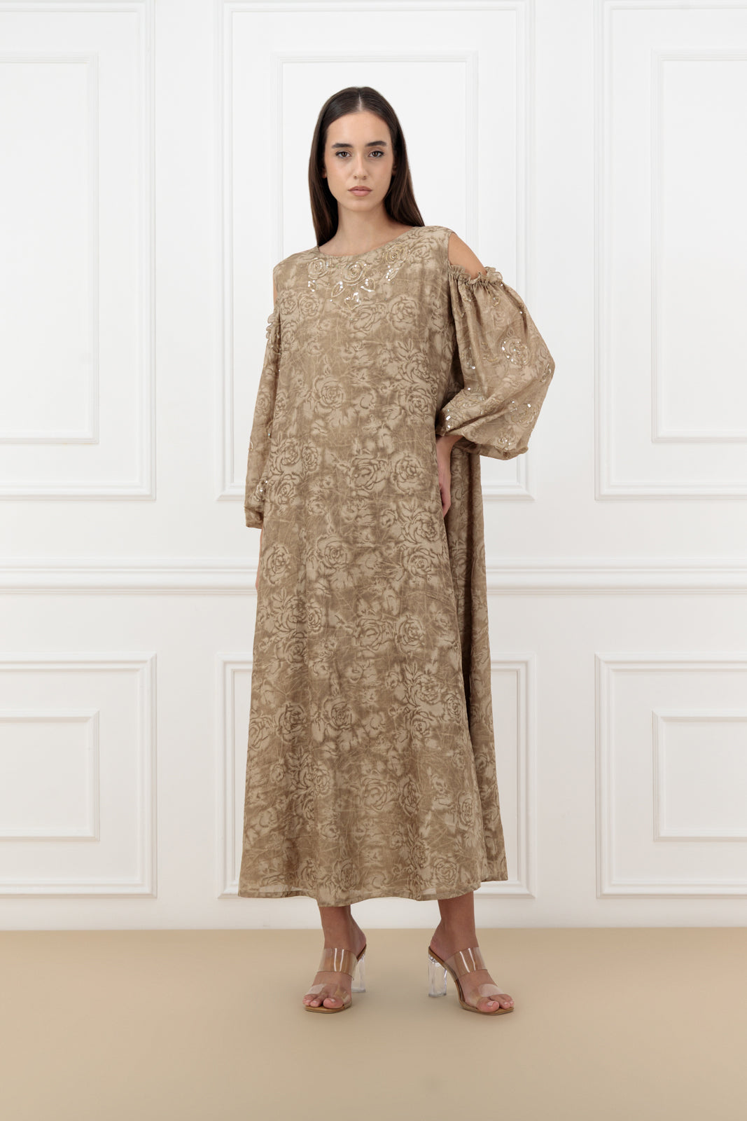 Floral cold shoulder embroidered dress