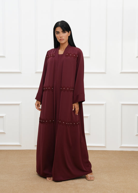 Floral lace trims classic cut Abaya
