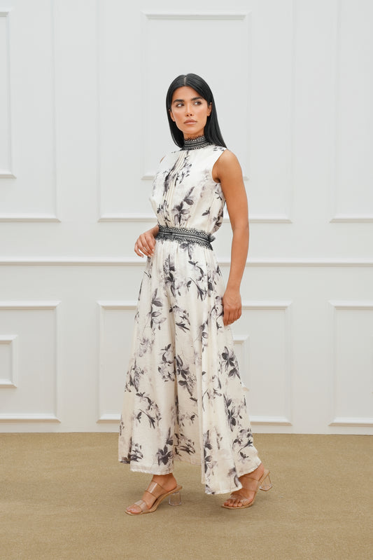 Lace High Neck Printed Dress