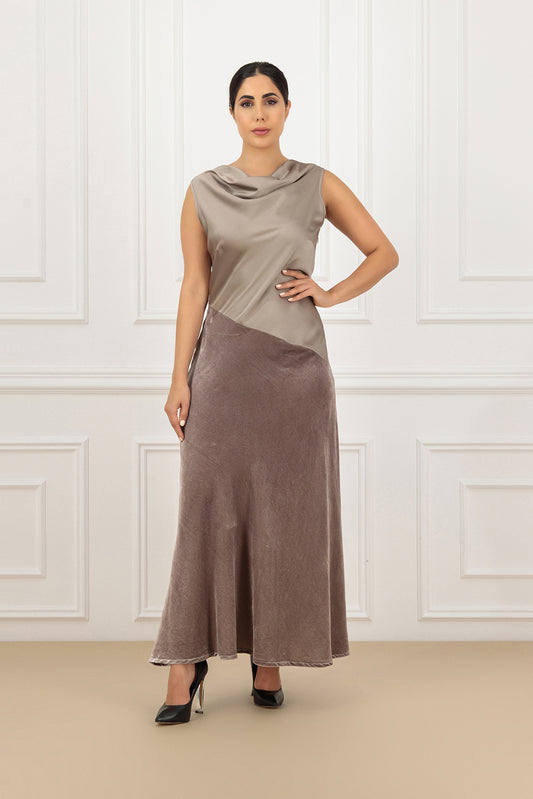 Sleeveless drop collar two tone velvet and satin dress