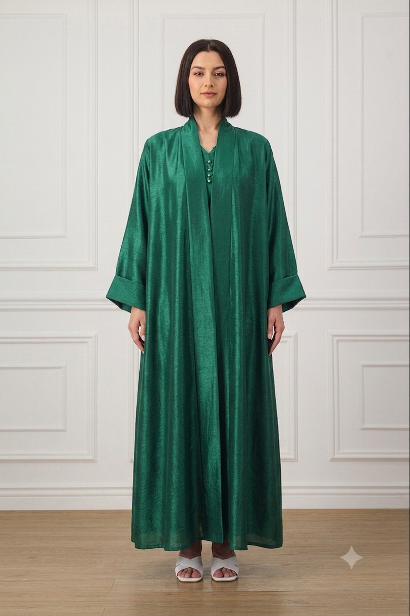 A-line flared back Abaya in Shimmer Linen