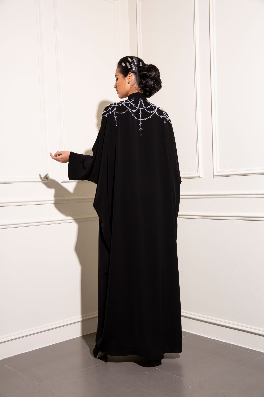 Classic farasha abaya with chandelier hand embellishment