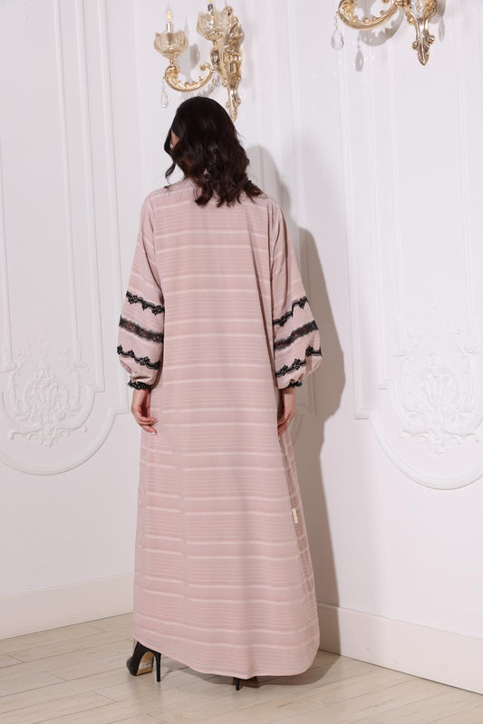 Light pink abaya with black lace details