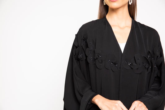 Black farashah cut abaya with asymmetrical laser cut and bead embellishment