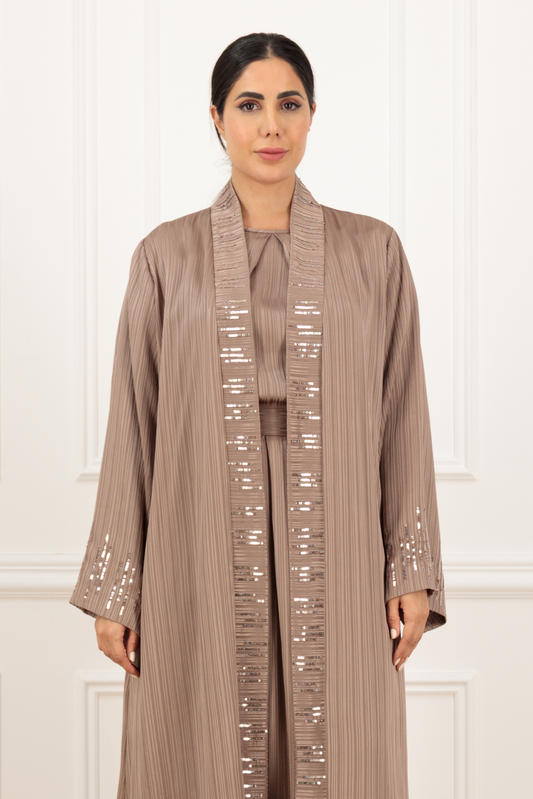 Embroidered Jacquard Striped Silk Abaya 3-Piece Set with Pleated Garter Skirt