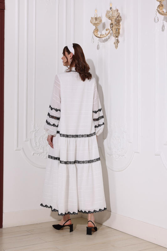 White Dress With Black Lace Details