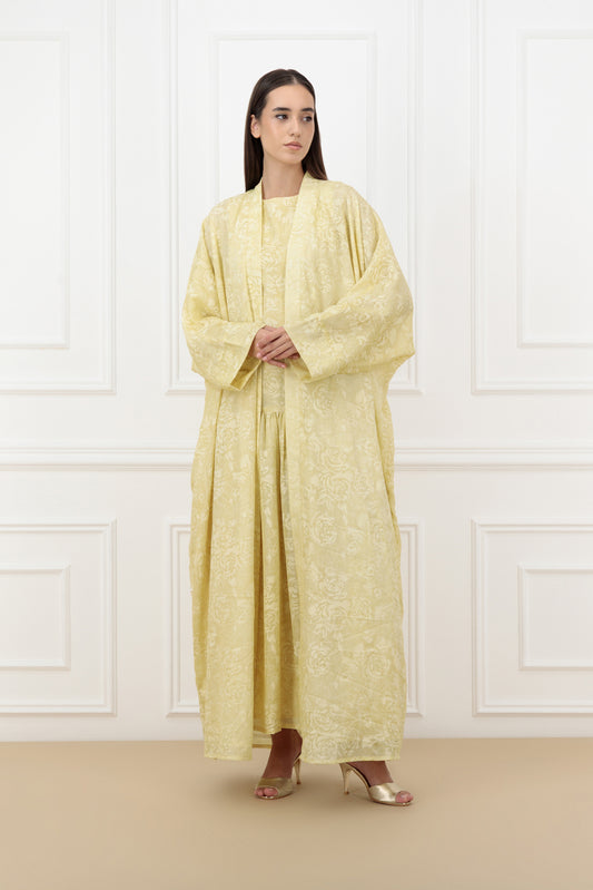 Floral Jacquard Farasha Abaya with sleeveless dress (SET)