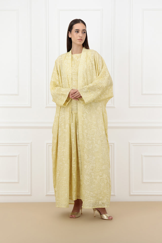 Floral Jacquard Farasha Abaya with sleeveless dress (SET)