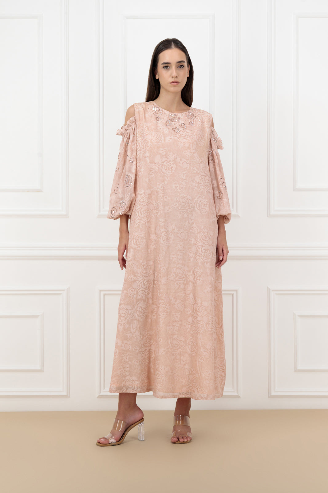 Floral cold shoulder embroidered dress