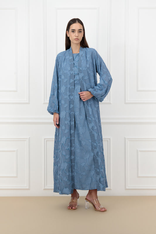 Embroidered Jacquard Chiffon Abaya Set with Belted Dress