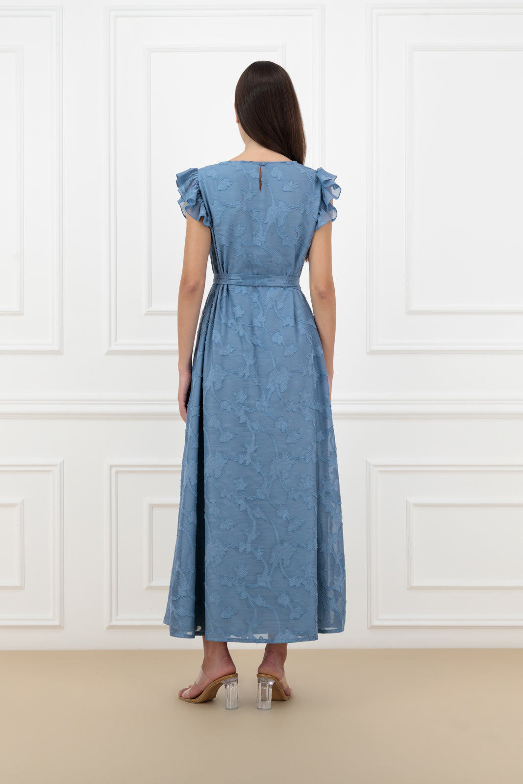 Embroidered Jacquard Chiffon Belted Dress