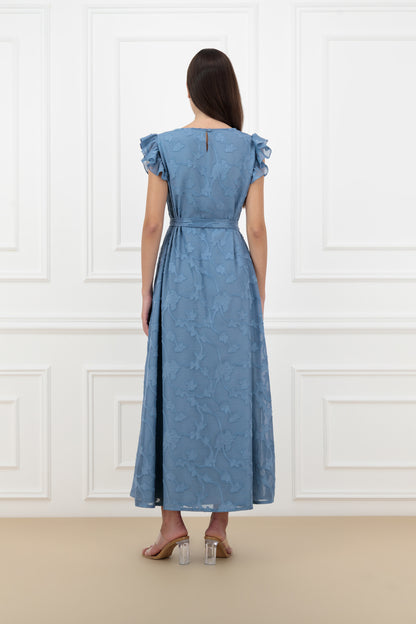 Embroidered Jacquard Chiffon Belted Dress
