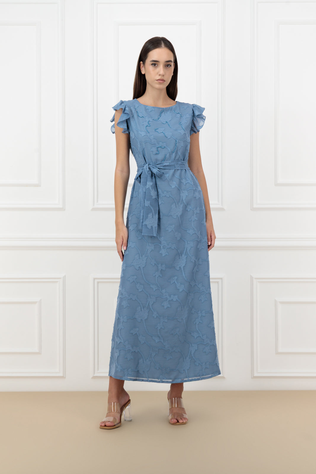 Embroidered Jacquard Chiffon Belted Dress
