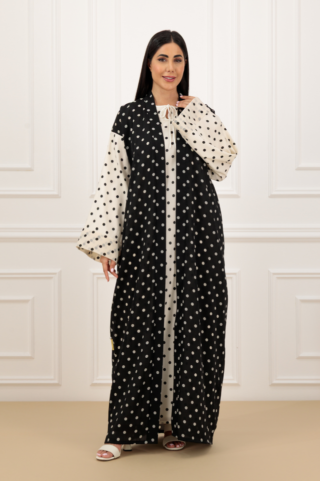 Two-Tone Polka Kimono Abaya & Sleeveless Dress Set