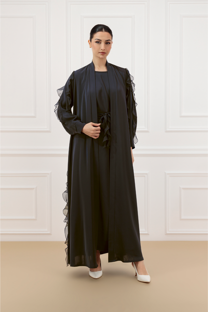 Chiffon sleeve ruffled abaya with sleeveless inner dress (SET)