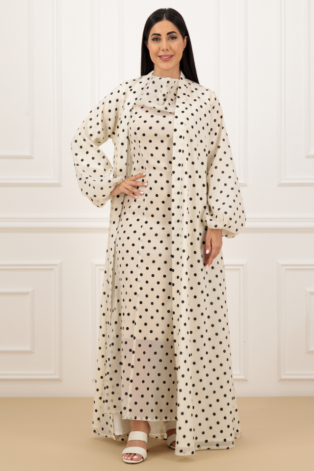 Puff Sleeve Polka Abaya & Loose Collar Dress Set