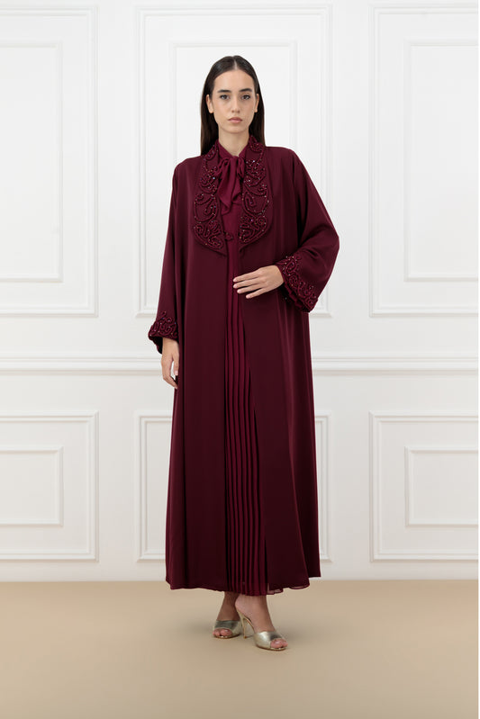 Embossed Rope Collared Abaya Set with Bow Detail & Pleated Dress