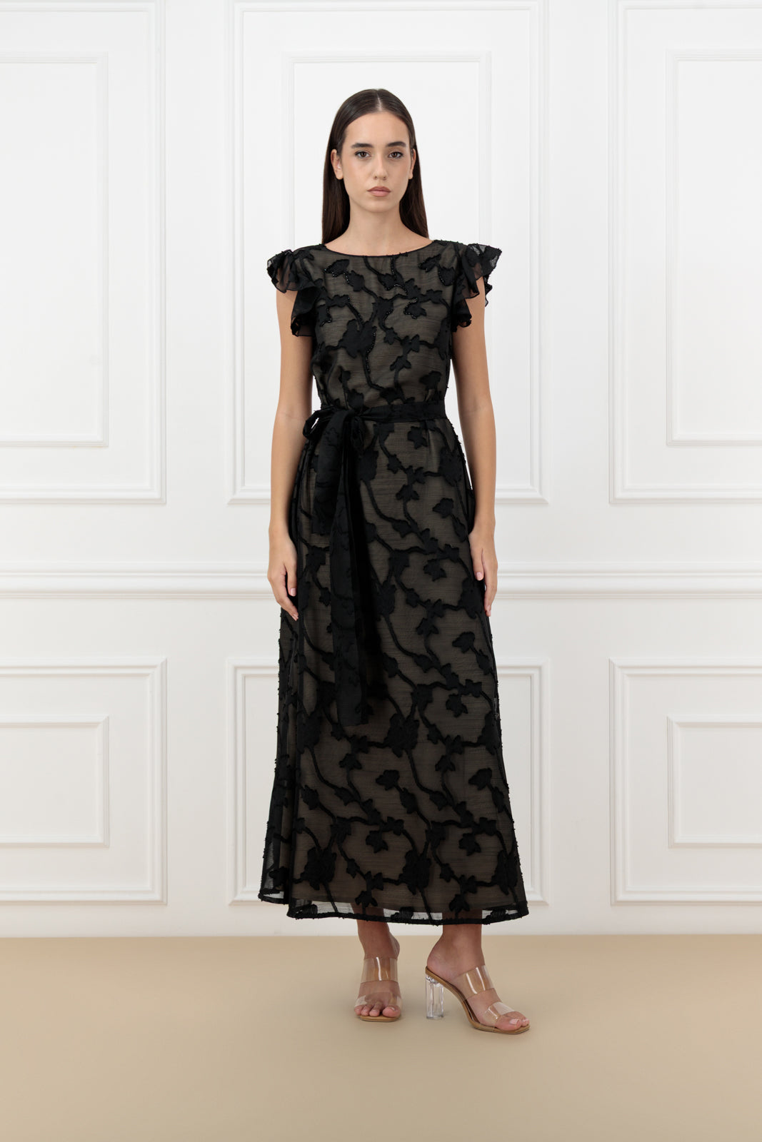 Embroidered Jacquard Chiffon Abaya Set with Belted Dress