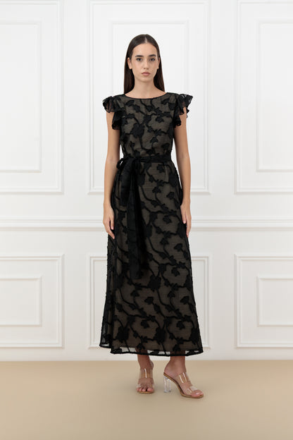 Embroidered Jacquard Chiffon Abaya Set with Belted Dress