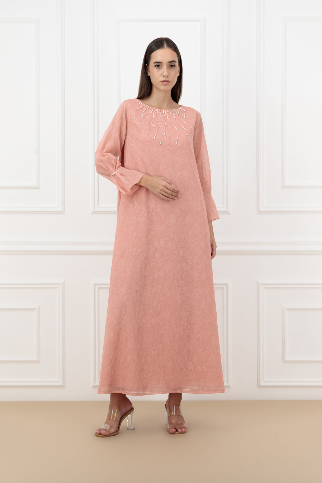 Pearl Embossed Organza Abaya Set with Matching Dress