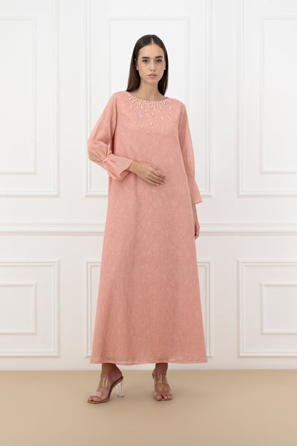 Pearl Embossed Organza Abaya Set with Matching Dress