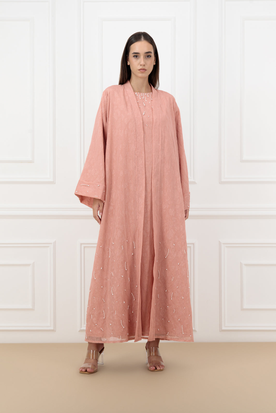 Pearl Embossed Organza Abaya Set with Matching Dress