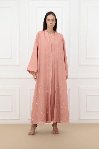 Pearl Embossed Organza Abaya Set with Matching Dress