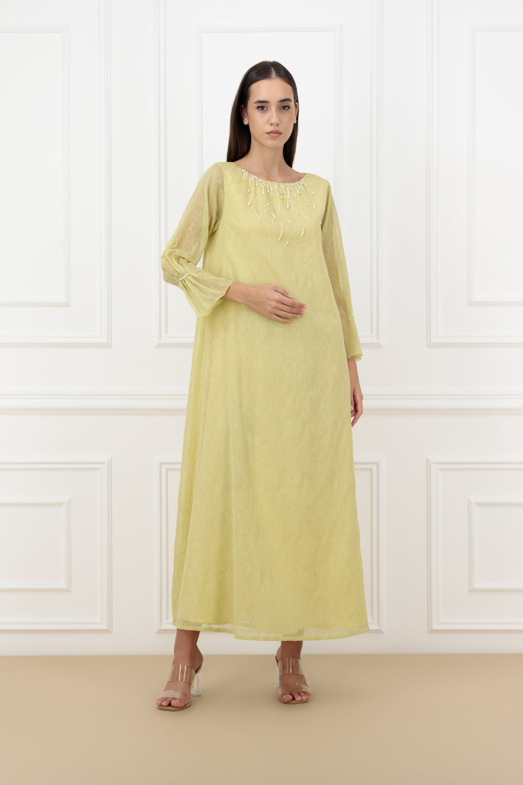 Pearl Embossed Organza Abaya Set with Matching Dress