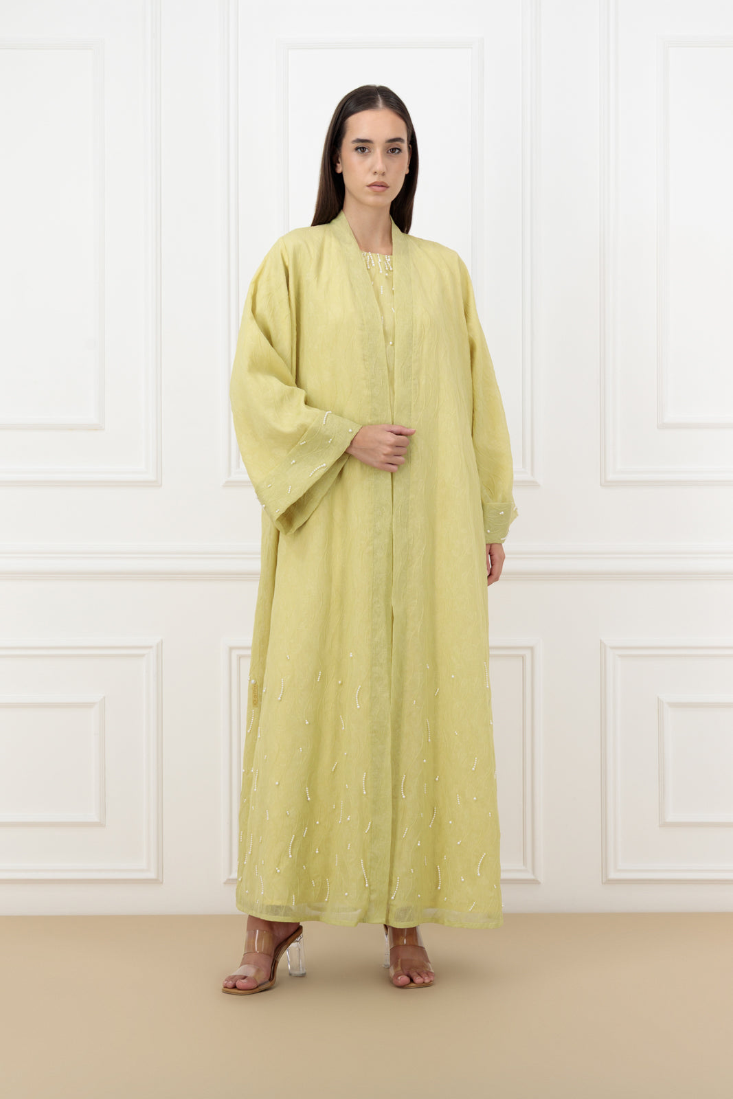 Pearl Embossed Organza Abaya Set with Matching Dress