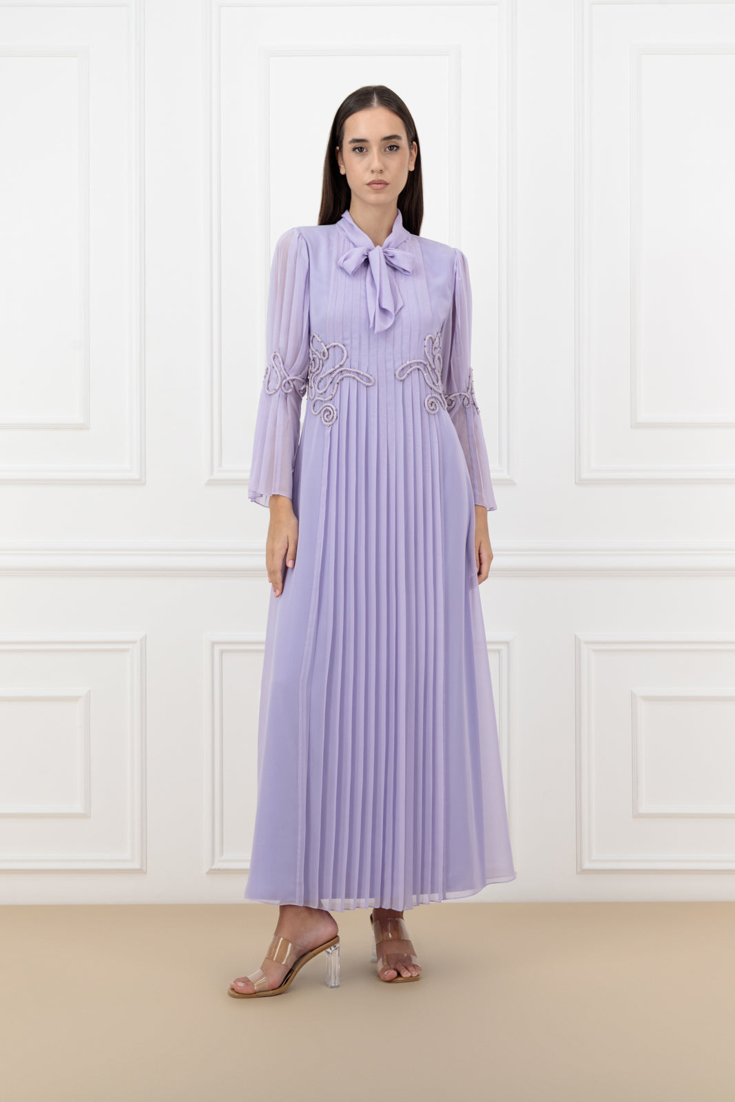 Bow detail, pleated embossed rope dress