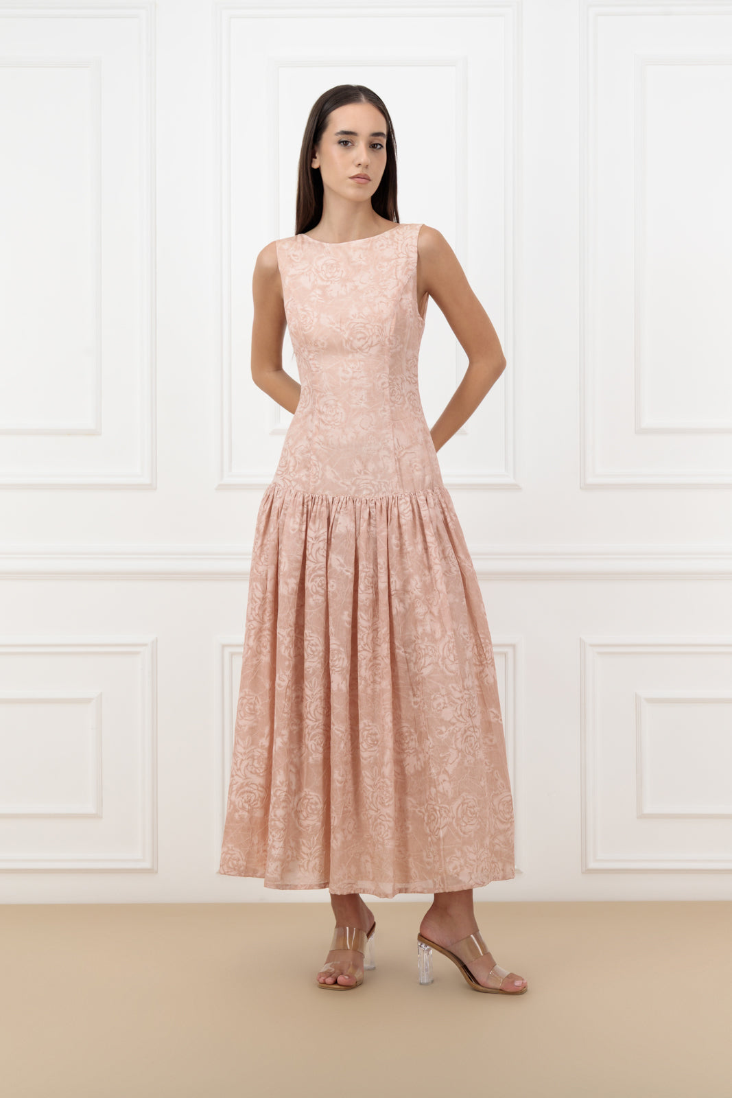Floral Jacquard Farasha Abaya with sleeveless dress (SET)