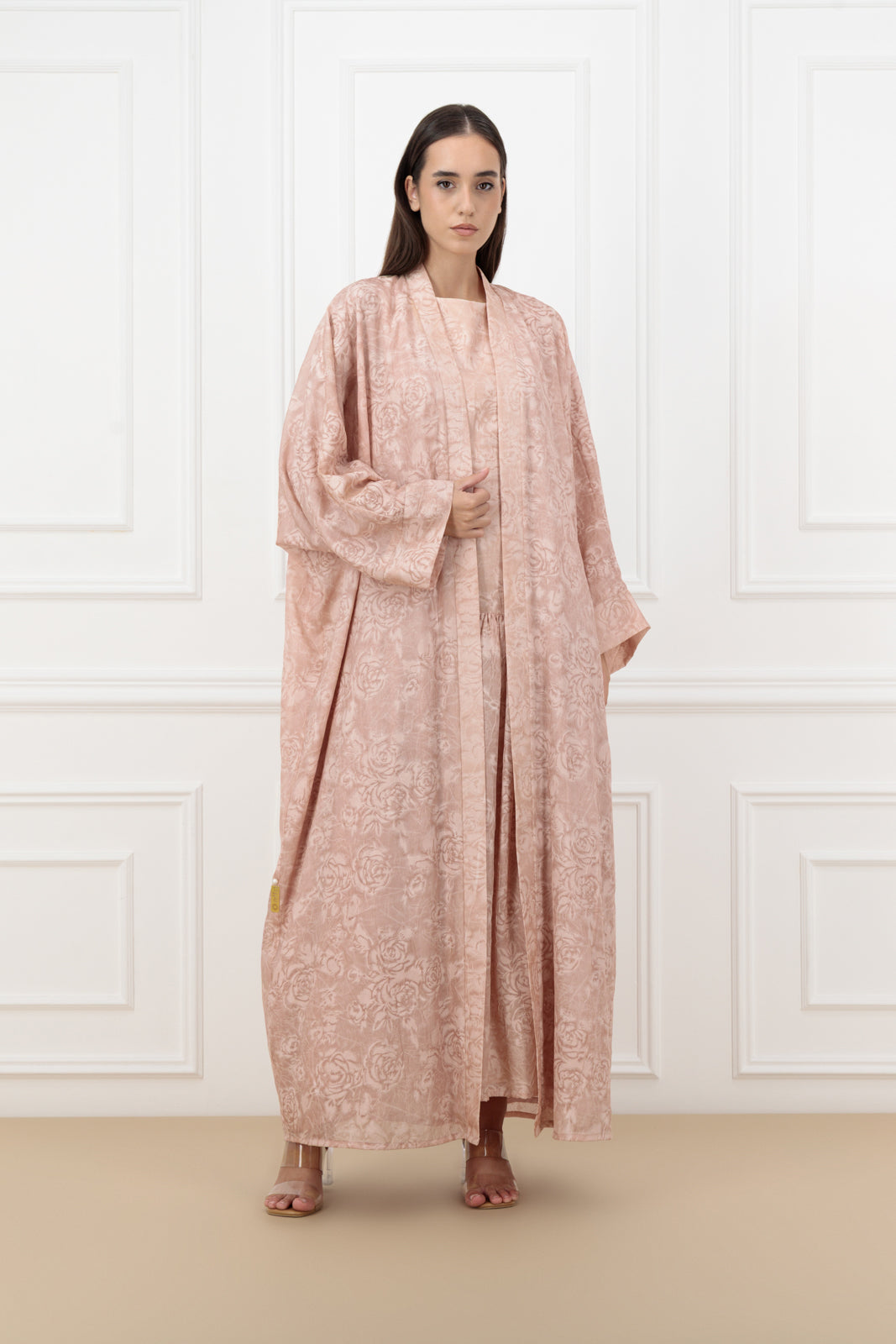 Floral Jacquard Farasha Abaya with sleeveless dress (SET)