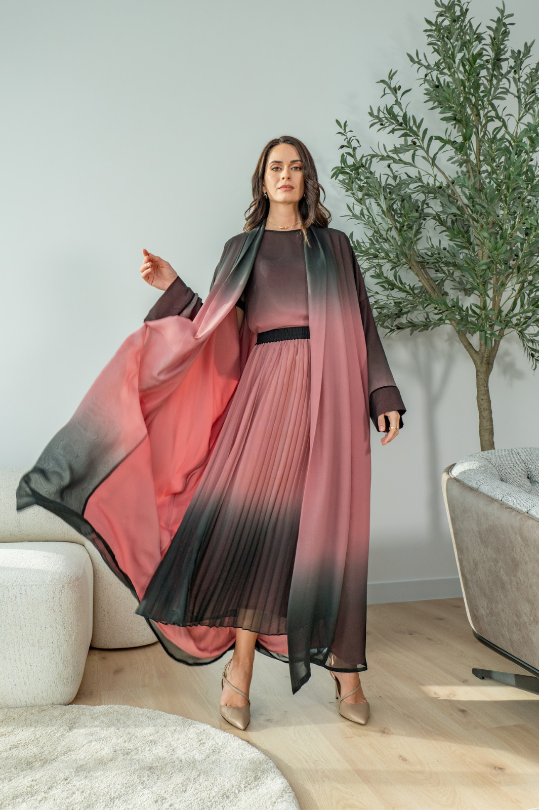 Ombre chiffon Farasha Abaya with shirt and skirt (SET)