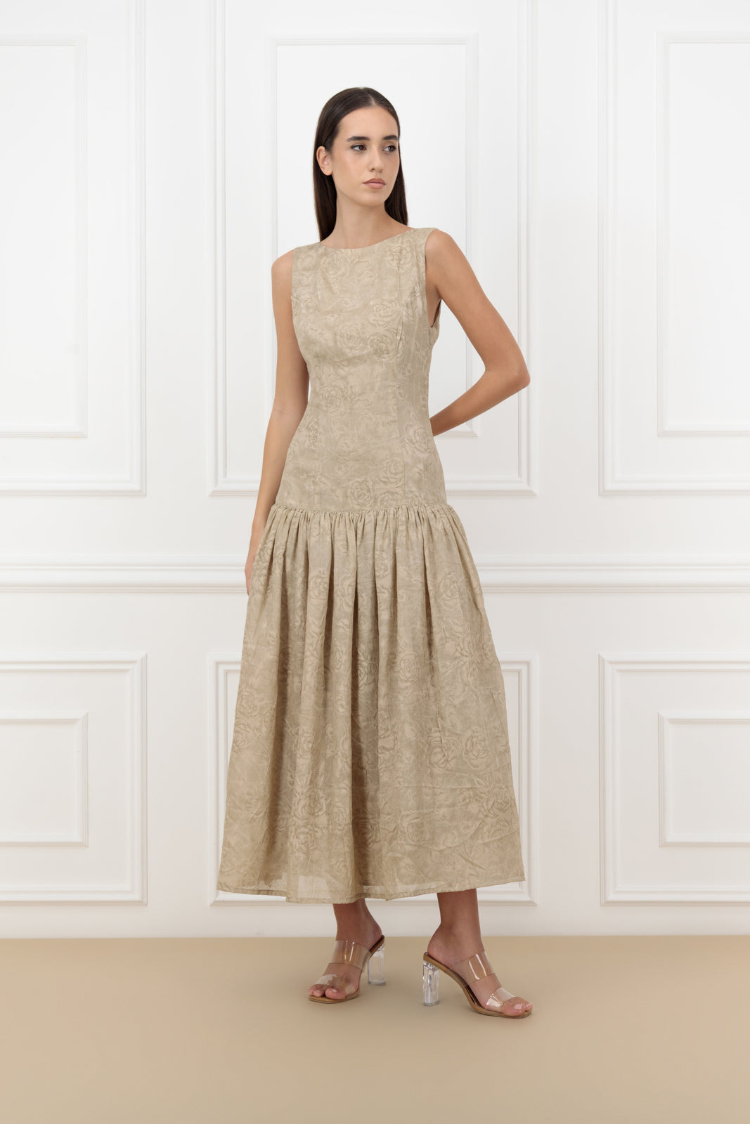 Floral Jacquard Farasha Abaya with sleeveless dress (SET)
