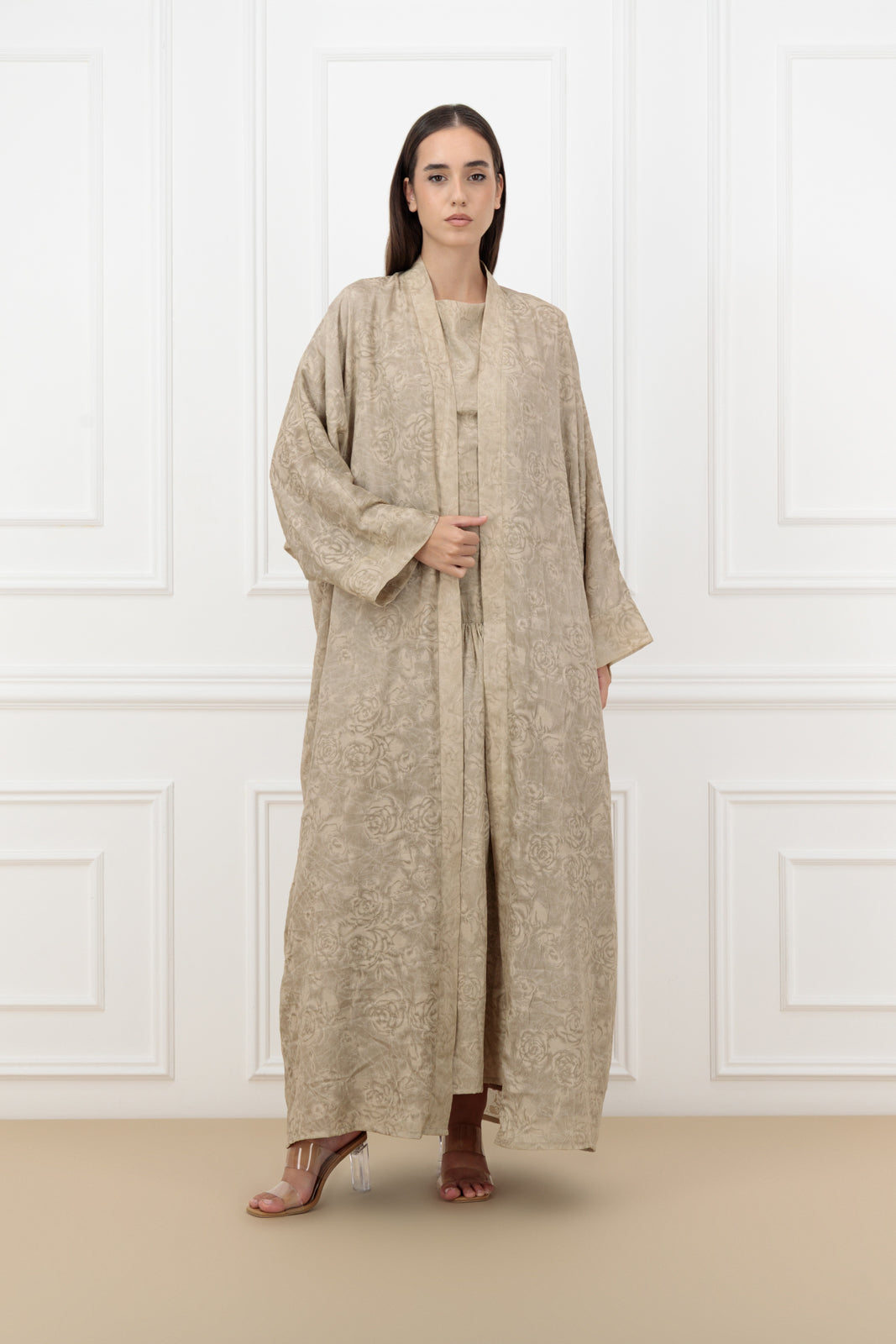 Floral Jacquard Farasha Abaya with sleeveless dress (SET)