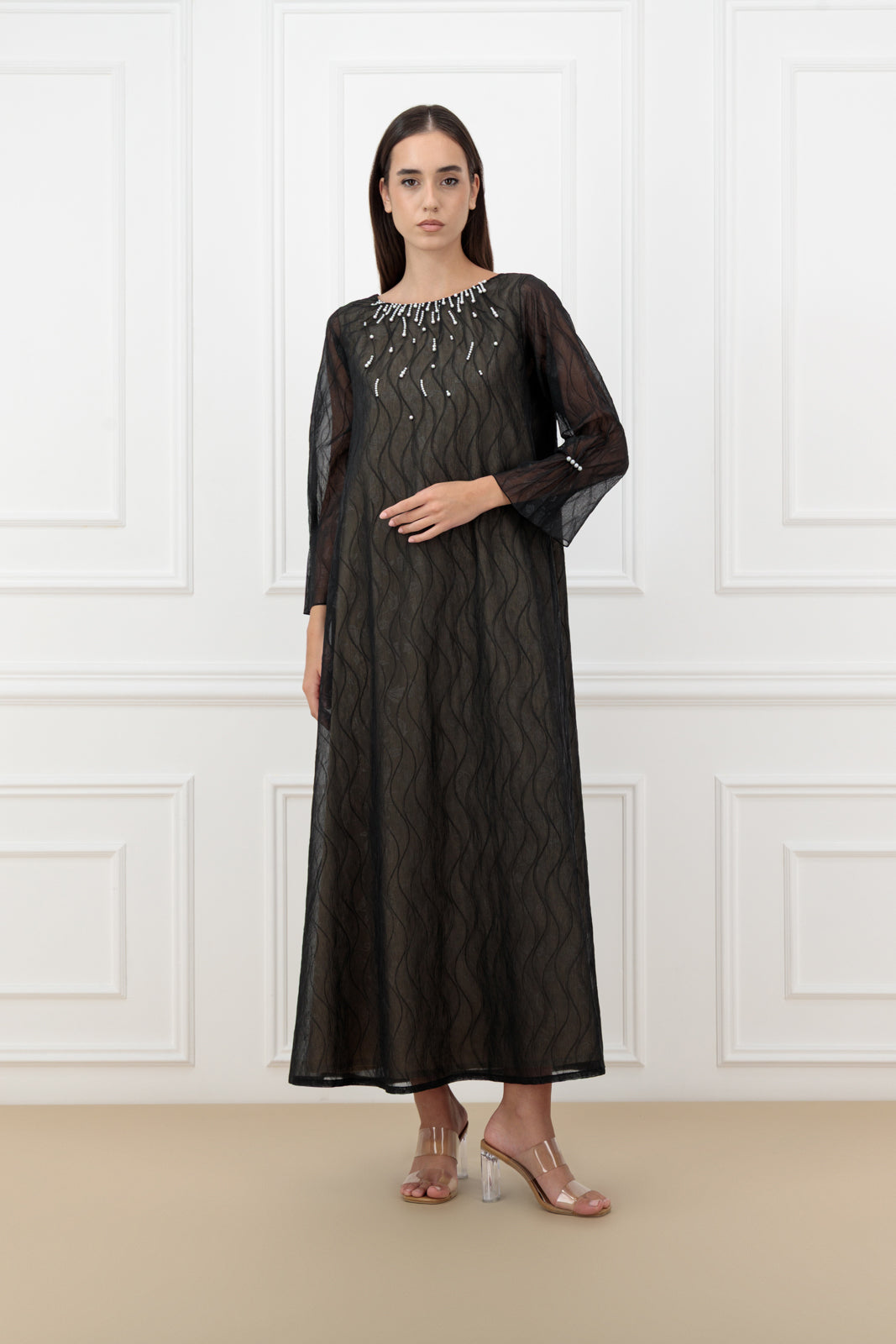 Pearl Embossed Organza Abaya Set with Matching Dress