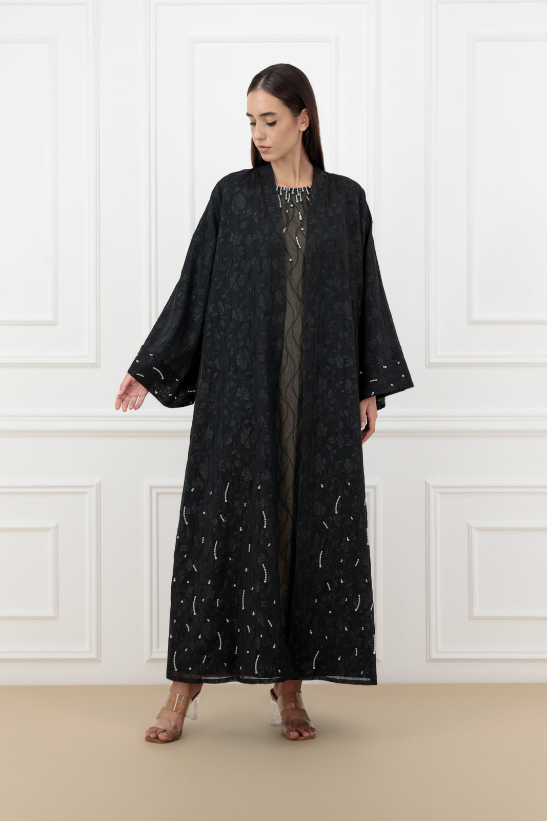 Pearl Embossed Organza Abaya Set with Matching Dress