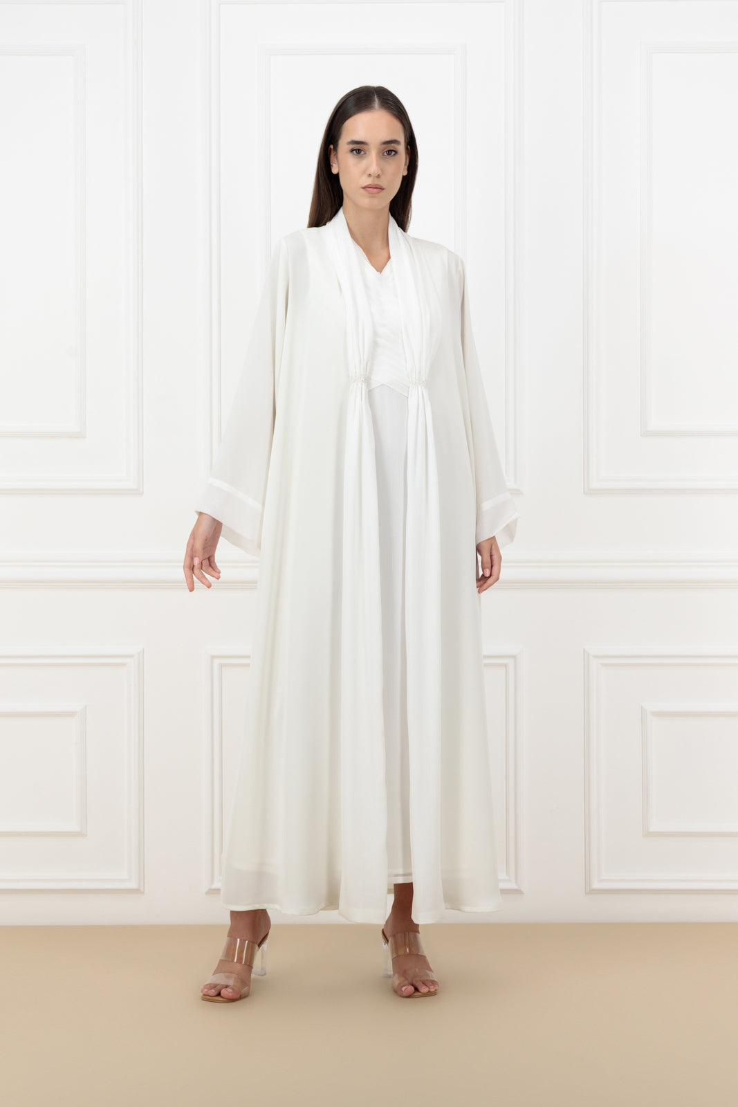 Pearl embroidered abaya with sleeveless shiny chiffon dress set.