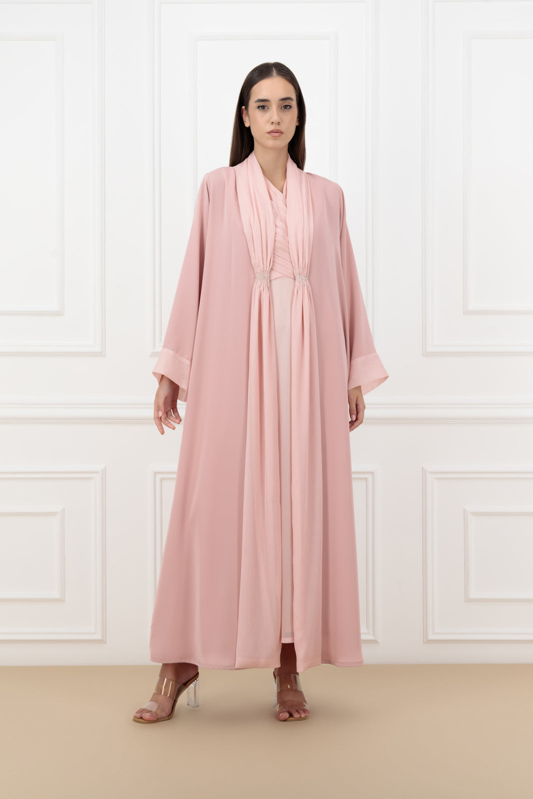 Pearl embroidered abaya with sleeveless shiny chiffon dress set.