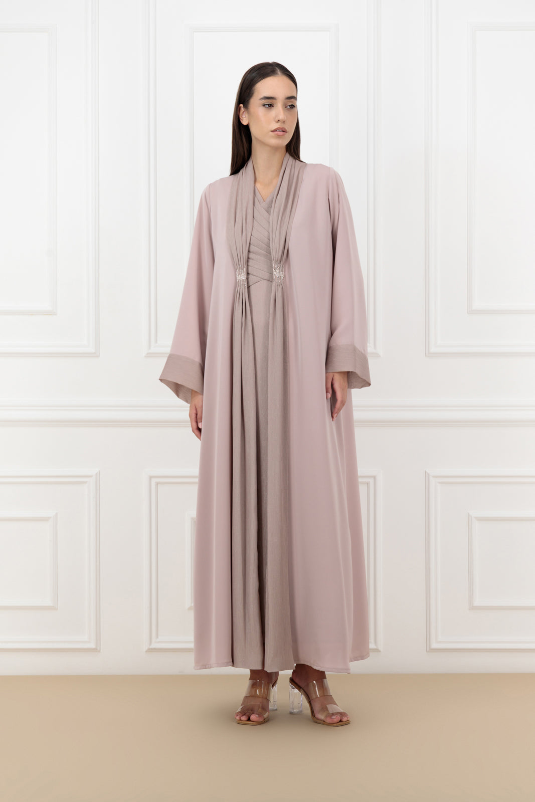 Pearl embroidered abaya with sleeveless shiny chiffon dress set.