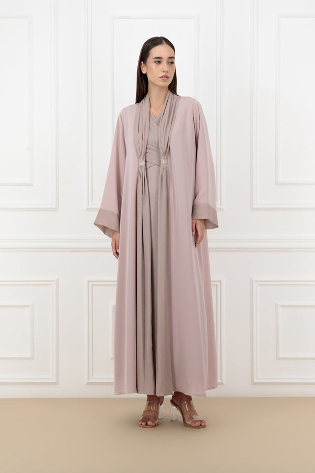 Pearl embroidered abaya with sleeveless shiny chiffon dress set.