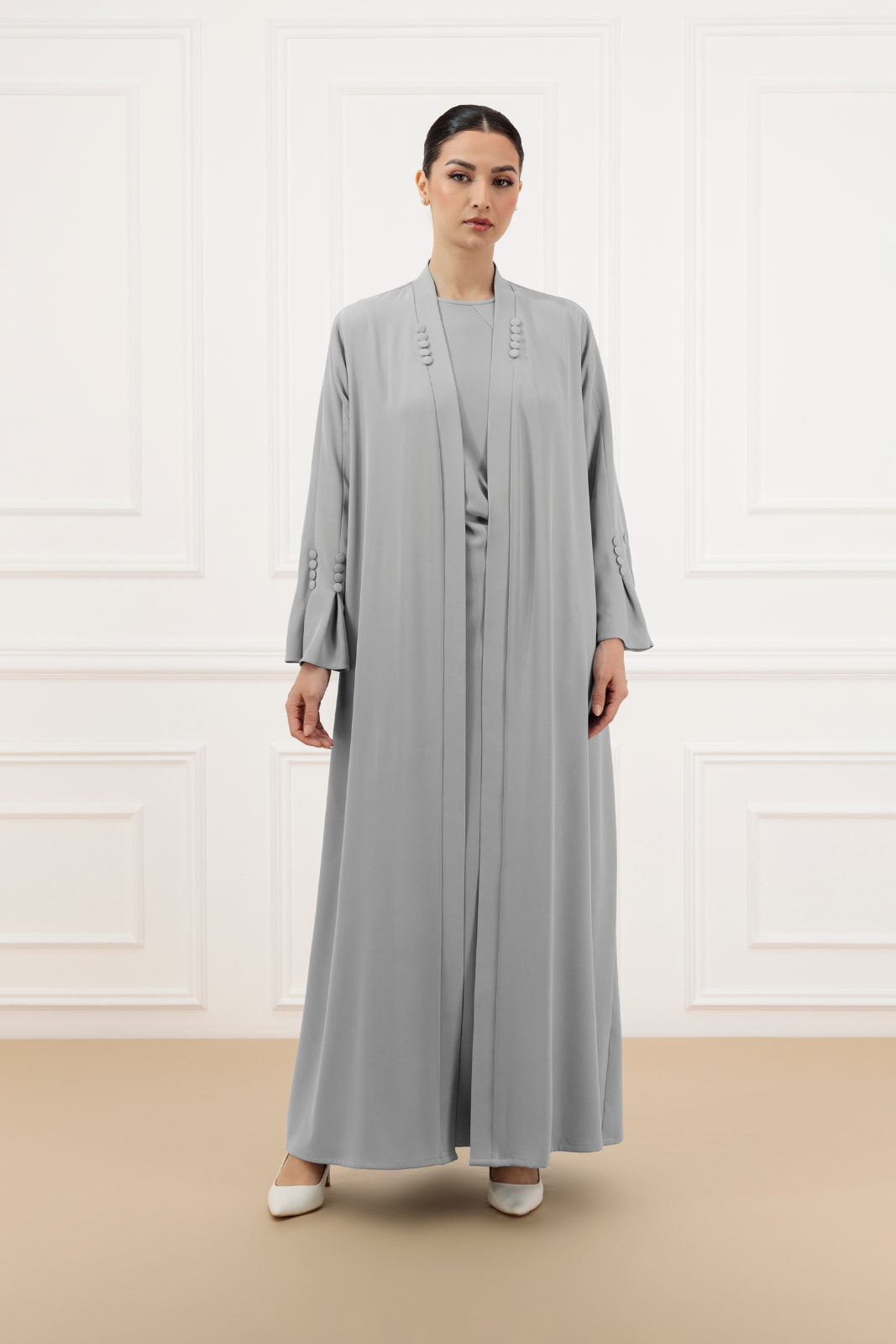 Covered buttons Abaya with timeless ruffle dress with cap sleeves (SET)