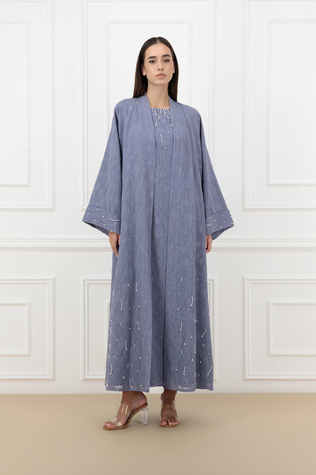 Pearl Embossed Organza Abaya Set with Matching Dress