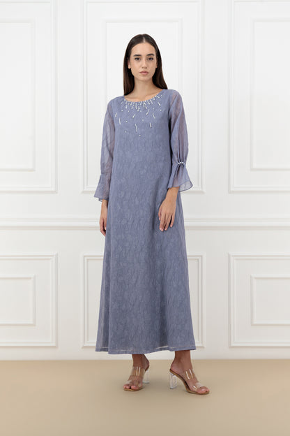Pearl Embossed Organza Abaya Set with Matching Dress