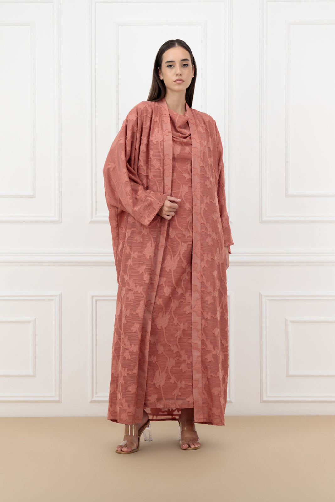 Floral Jacquard chiffon farasha abaya