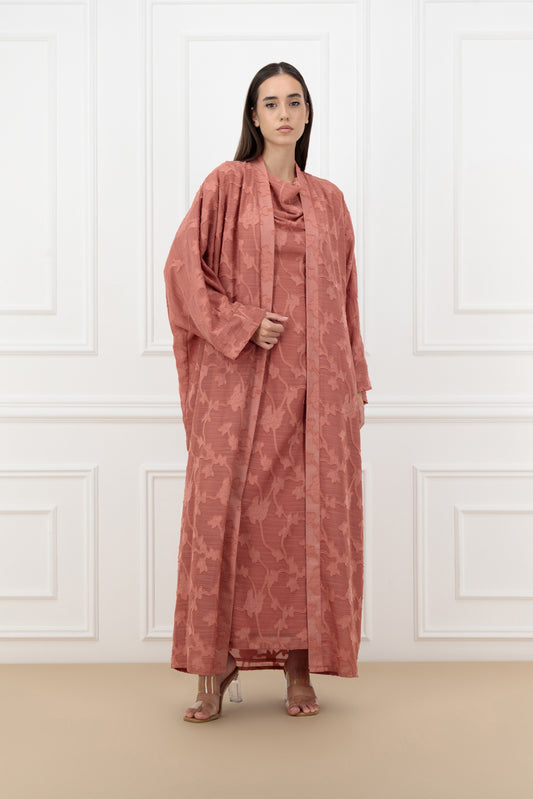 Floral Jacquard Chiffon Farasha Abaya Set with Loose Collar Dress